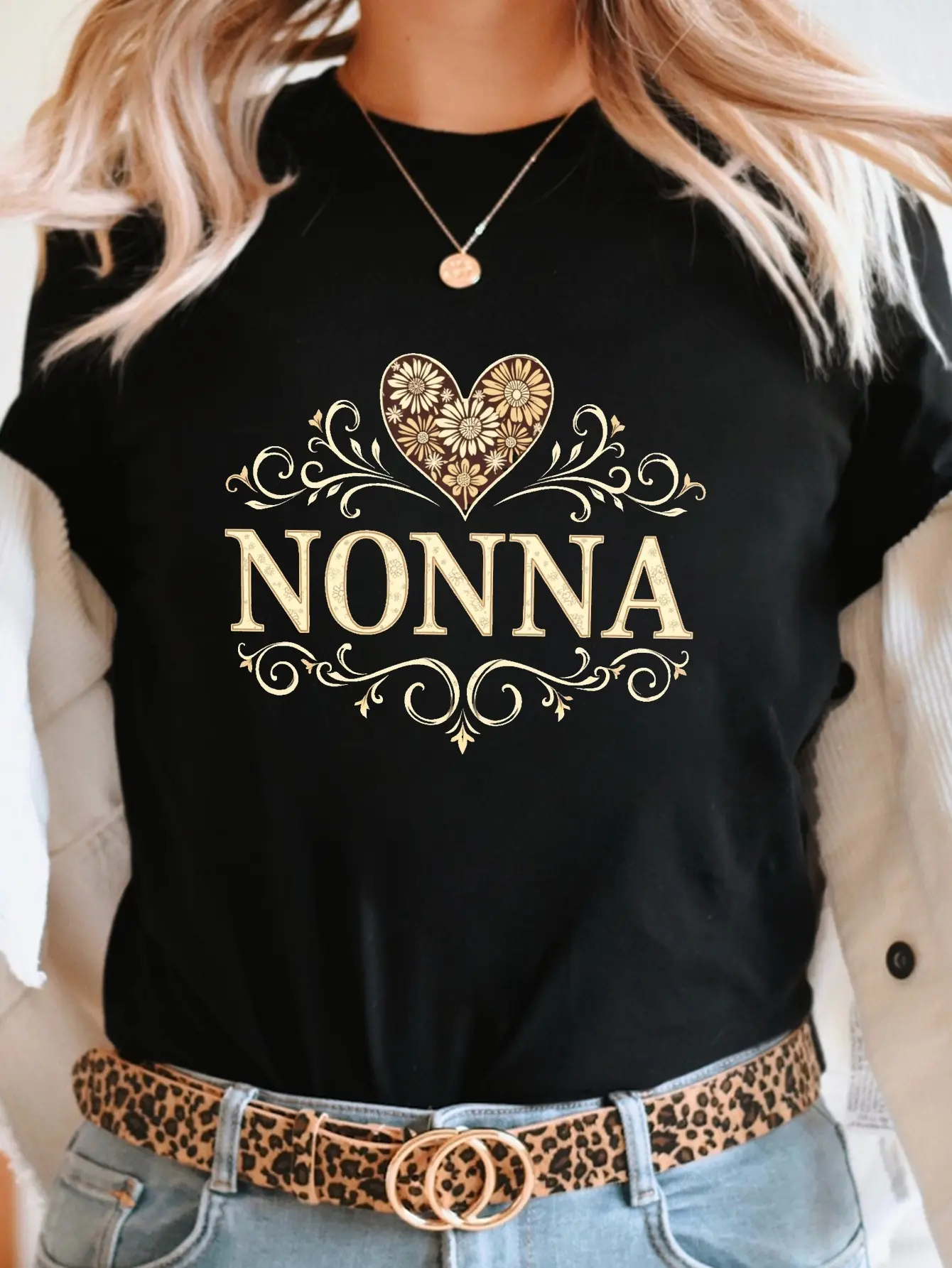 NONNA with Floral Patterns Print T-shirt, Short Sleeve Crew Neck Casual Top for Summer & Spring, Women's Clothing
