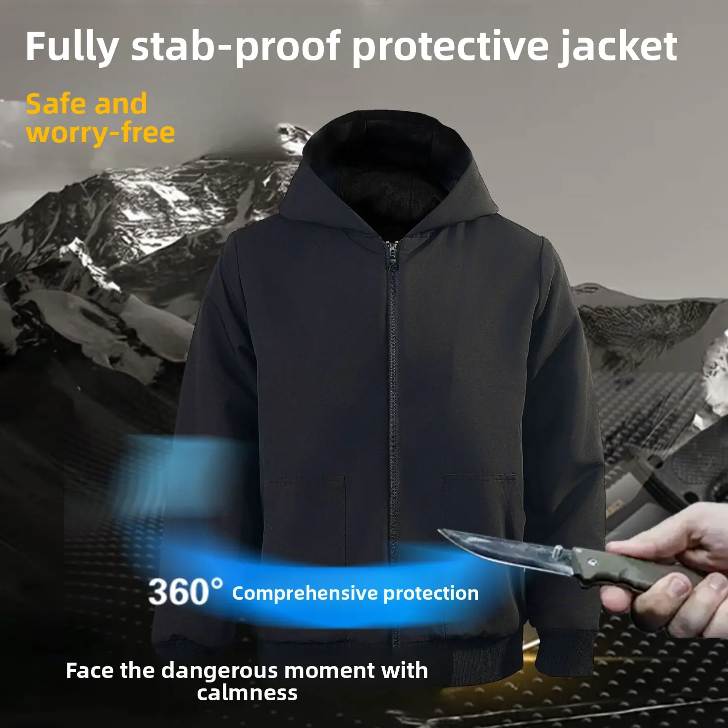 Male Longsleeve Hooded Neck Stab-Proof Safety Windbreaker, HPPE-Nylon Zippered Jacket for Sports & Outdoor Activities, Longsleeves, Male Jacket, Outdoor Sport