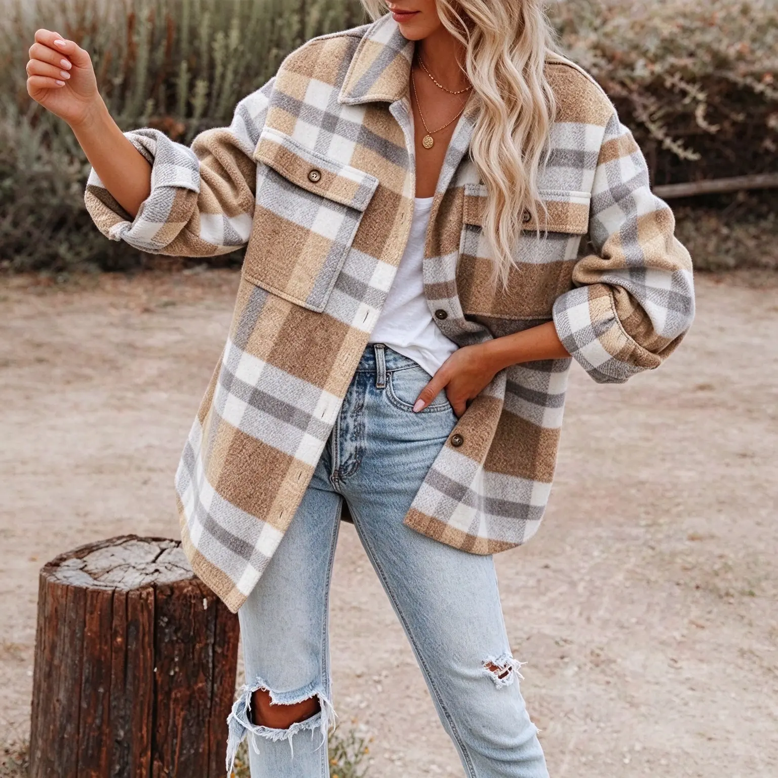 Women's Plaid Flannel Shacket Shirt Jacket Button Down Collared Long Sleeve Oversized Fall Winter Outwear