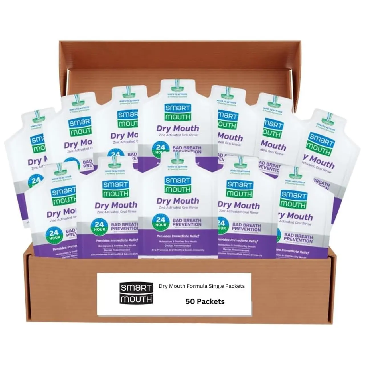 SmartMouth Dry Mouth Zinc Activated Mouthwash Single Packs - Travel-Friendly Mouthwash Packets for Immediate Relief - Eliminates Bad Breath & Odors - Alcohol & Sugar-Free - Soothing Mint - 50 Count