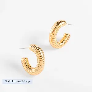 Nice & Bella | Hoop Earrings Gold 18K Plated Ribbed Rhodium Crystal Huggie Diamonice | 925674, 925107L