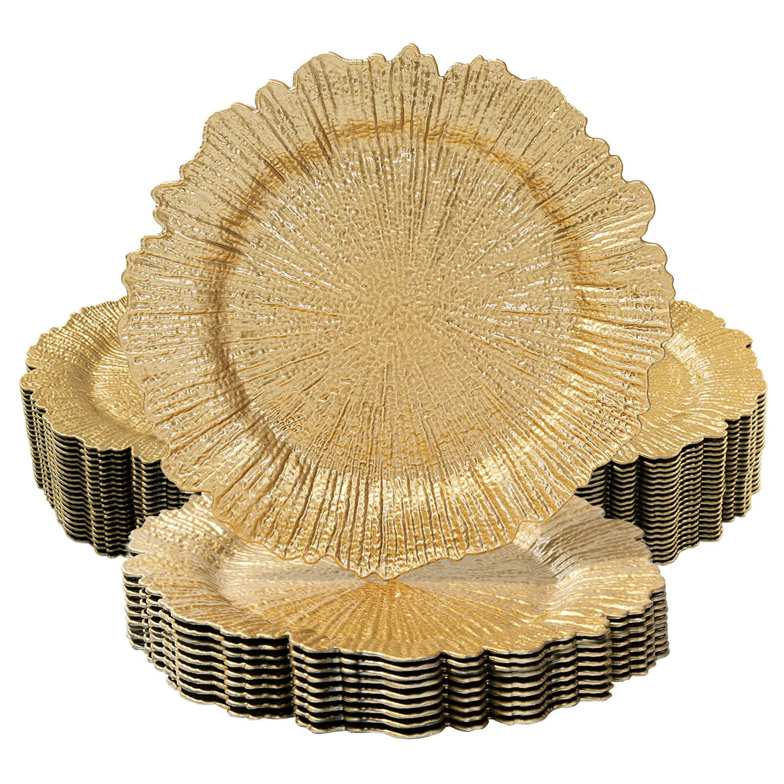 13" Sturdy Gold Plastic Plate Chargers - Bulk Round Set (12/24/36/48/96), Decorative Dinnerware Base, Wedding Table Essentials, Party Supplies