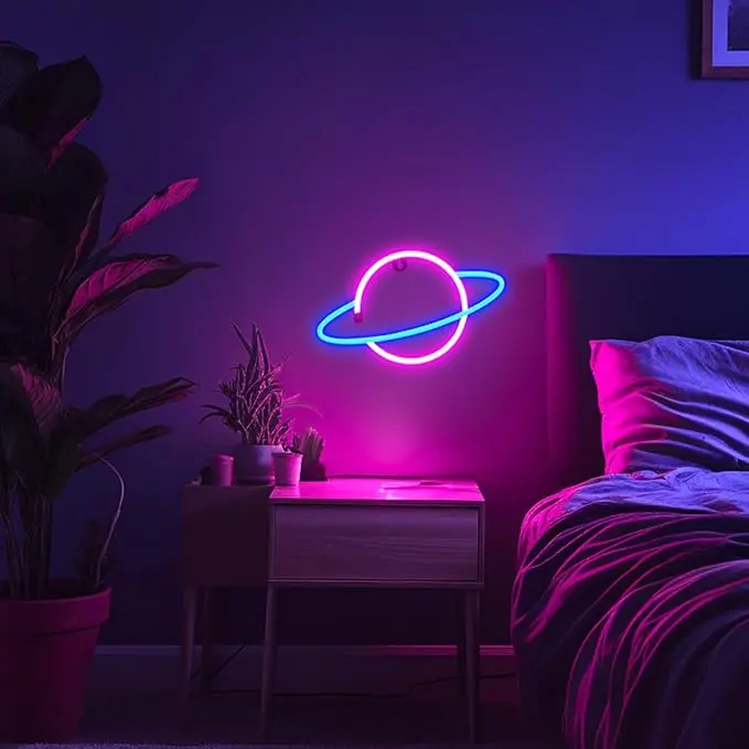 Planet Neon Sign, Bright LED Planet Neon Lights, USB or Battery Powered Planet Neon Signs for Wall Decor, Aesthetic Hanging Planet Led Signs for Bedroom, Girls Room, Gaming Room, Kids Gift