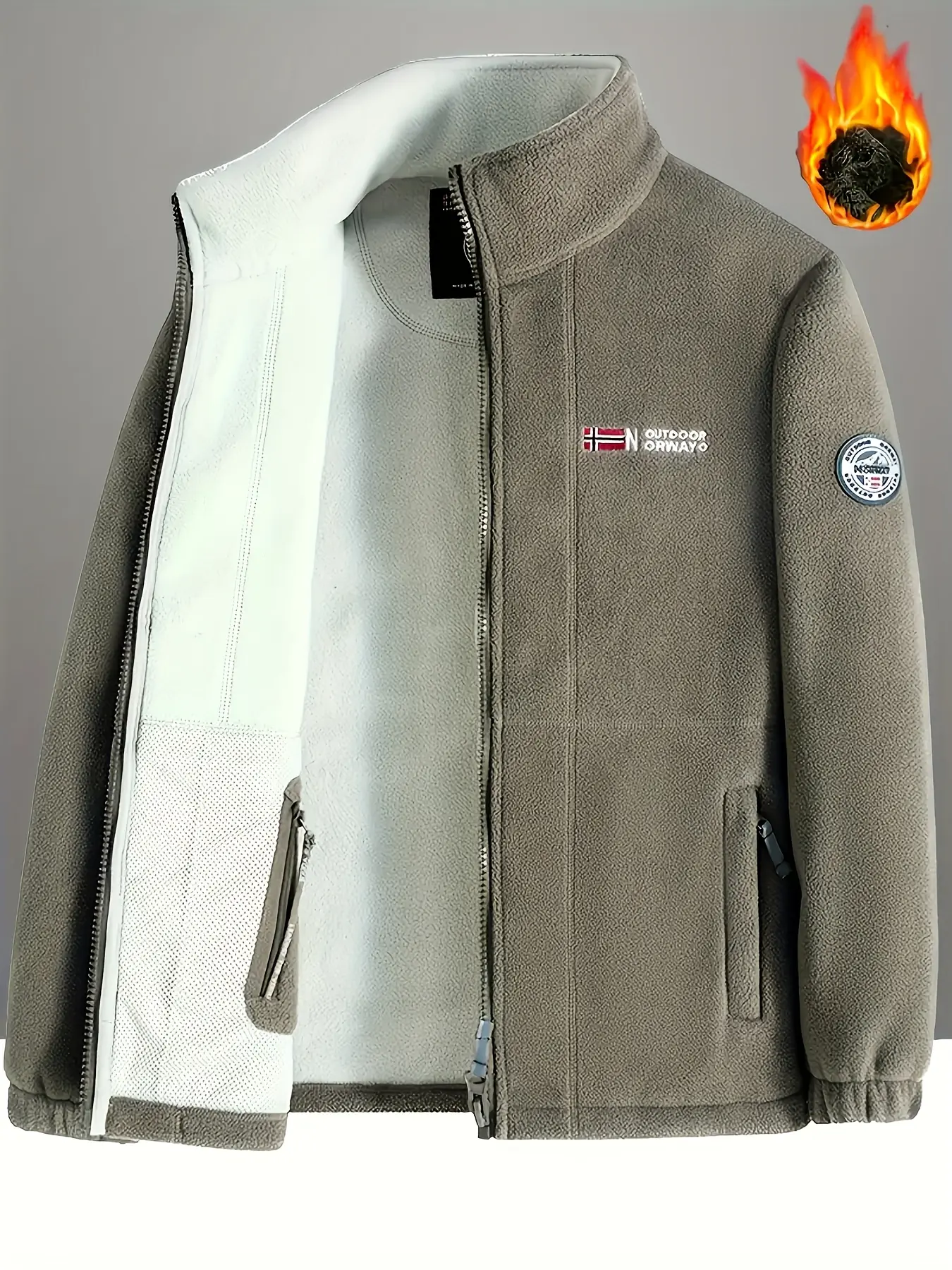 Men's Thick Plush Fleece Jacket Scandinavian Style Plain Windproof Collared Zip Up Long Outdoor, Thick Plush Fabric