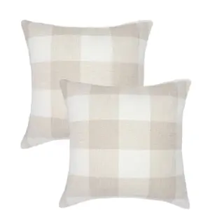 Set of 2 Beige and White Buffalo Check Plaid Throw Pillow Cases Farmhouse Decorative Square Pillow Cases 18x18 Inches for Farmhouse Home Decor
