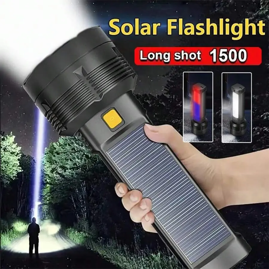 1pc Solar Powered LED Flashlight, Powerful COB Side Light, USB Rechargeable, Super Bright Handheld Torch, Suitable For Outdoor Camping, Fishing