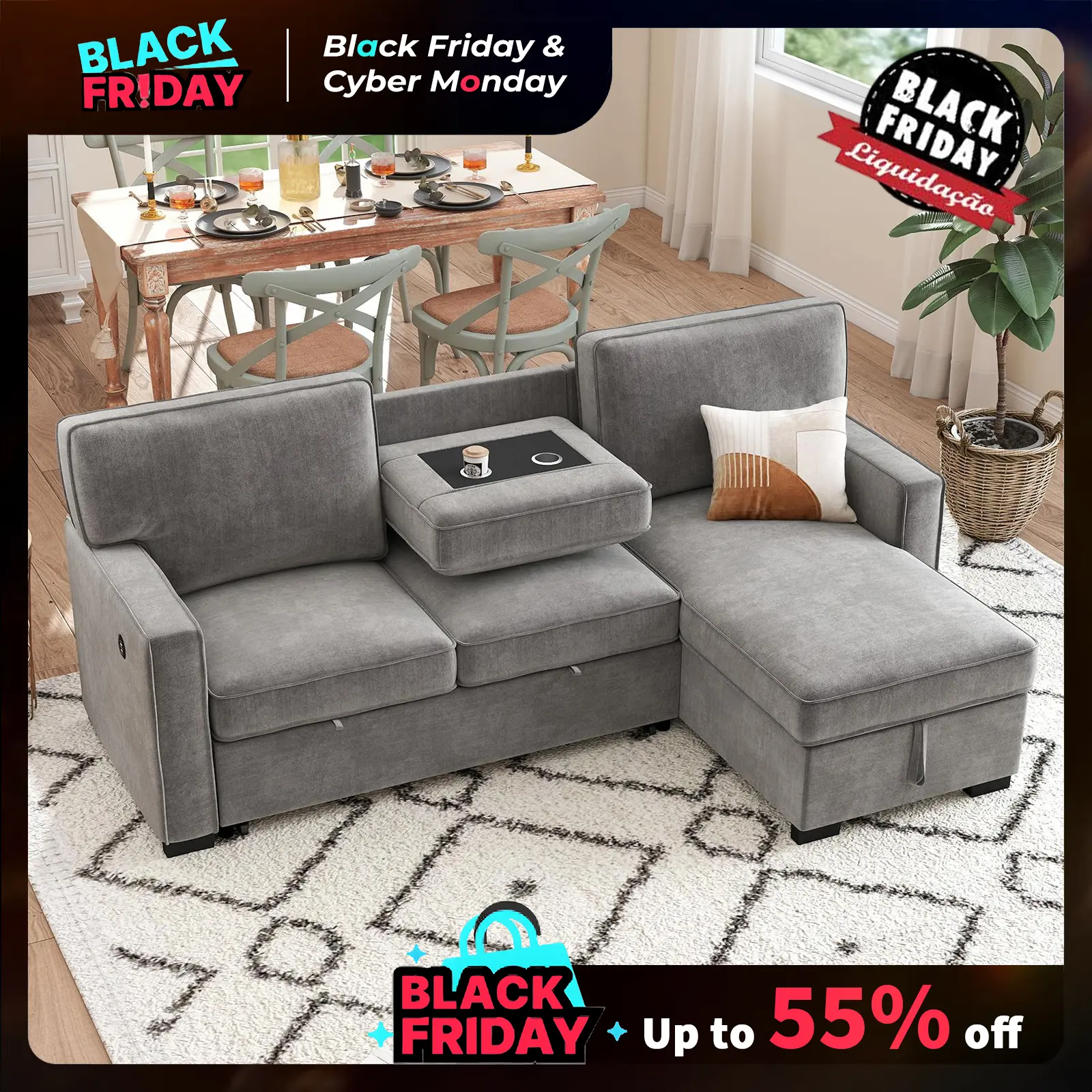 【TikTokShopBlackFriday】EBELLO 3 in 1 Convertible Sofa Bed, Modern Faux Leather L Shaped Sofas for Living Room, Pull Out Modular Couch Bed with Storage Space, USB Ports and Cup Holders Upholstered Sectional