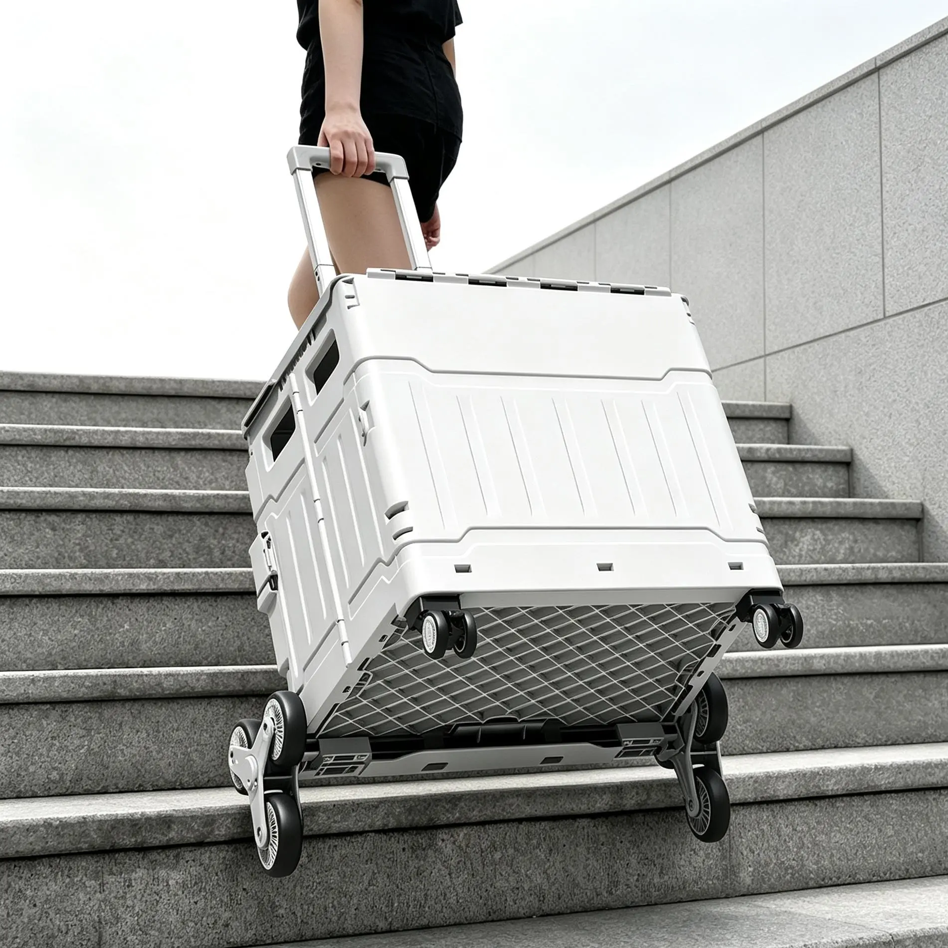 Tri-Wheel Stair Climbing Multi-Functional Rolling Cart, Lockable Wheel System, Thickened Reinforced , Integrated Lid, 8-Wheel Design, Foldable Space-Saving, Telescoping Handle, Heavy Load PP Plastic Utility Trolley for Grocery Shopping, Camping, Moving