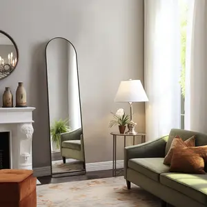 Full-Length Mirror with Slim Aluminum Frame in Black/Gold – Arch or Rectangle Shape – 2 Sizes – Wall-Mount or Freestanding Option