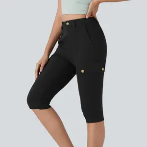 Halara High Waisted Button Zipper Multiple Pockets Solid Skinny Pedal Pusher Casual Cargo Pants