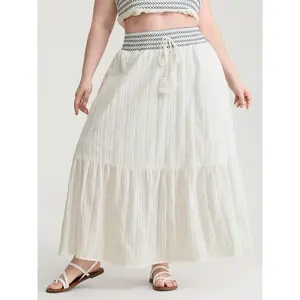 BloomChic Lady's White Smoke Cotton Shirred Contrast Waist Pockets Maxi Skirt - Smooth Fabric Garment, Knot-Accent Women's Bottoms, 1x-6x Regular Fit, 2026 Summer Mother's Day Pick, Deals Fit Knot