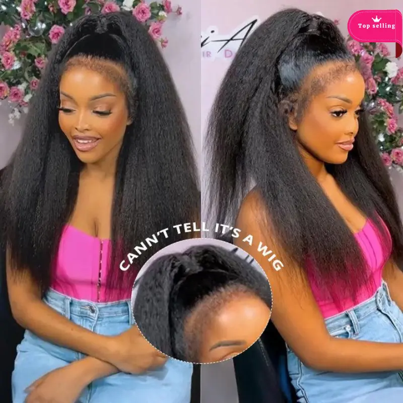 Kisslove 360 Lace Wig Kinky Straight 100% Human Hair Newborn Hairline Glueless Pre Cut Lace Pre Bleached Knots Invisi-Drawstring Natural Edges Ponytail Updo Styles