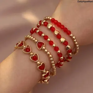 Women's 5PCS Bohemian Layered Bracelet Set - Red Heart Bead Stackable Fashion Accessories for Women