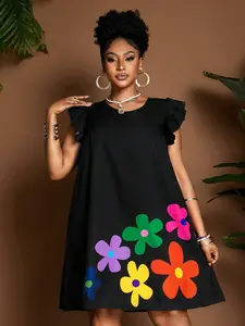 [HILLAR] Women's Black Plus Size Ruffled Skirt Dress With Round Neck, Flutter Sleeves, Multicolor Cartoon Flowers, A-Line, Loose Fit, Essential For Vacation, Commuting, Daily, Casual Wear, Fashion Design, Unique Style, New Arrival African Print Dress