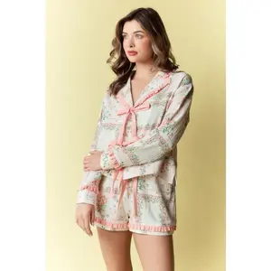 Floral Patchwork Pattern Ruffle Pajama Set