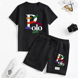 Men's Multicolor Letter Graphic Textured Fabric Drawstring Waist Shorts Set 2 Counts, Short Sleeve T-Shirt & Pocket Track Shorts, Casual Fashion Cozy Men Two-Piece Outfits For Spring & Fall