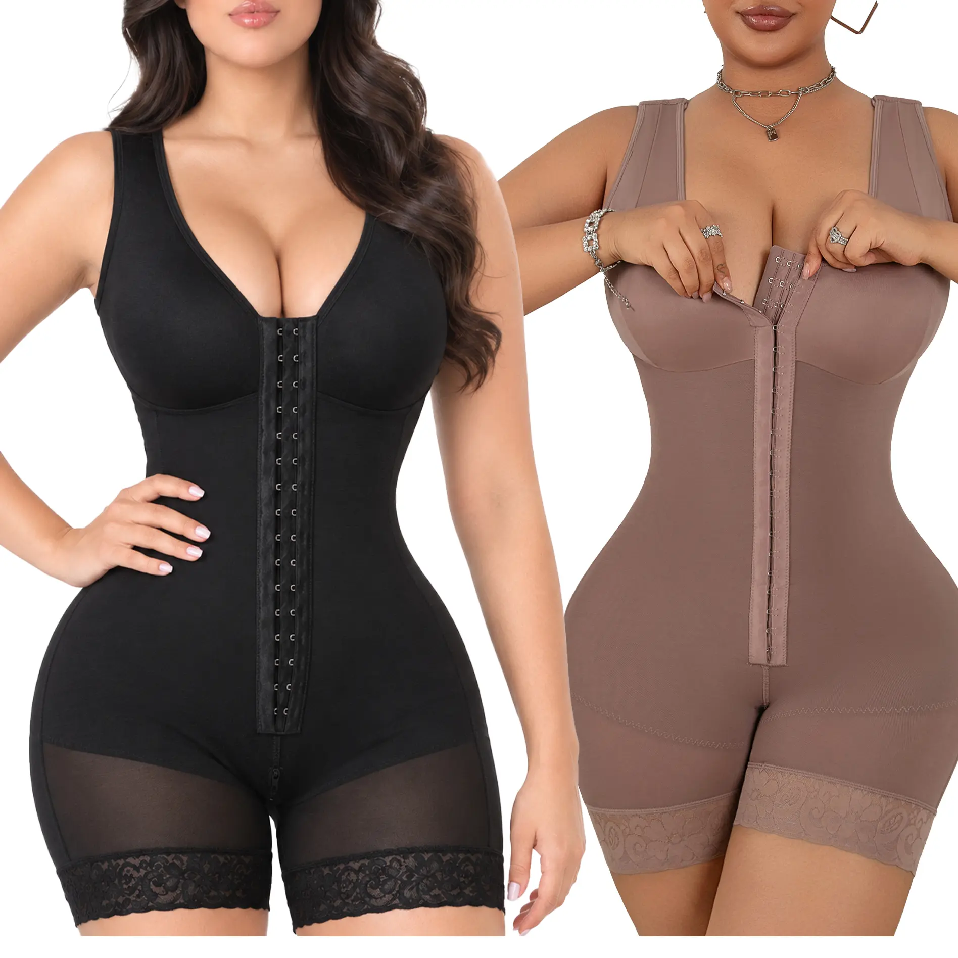 Women's Colombian Fajas Shapewear Bodysuit - V-Neck, Hook and Eye, Waist Training, Body Contouring, Hourglass Shape, Tummy Control, Butt Lifter, Zipper Crotch, Minimalist Comfort, Compression, Sexy Basic Black Underwear for Birthday, Wedding