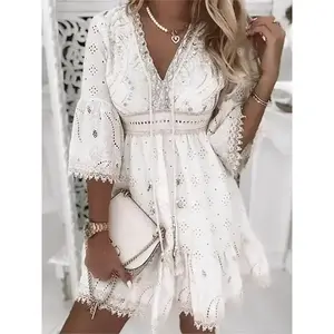 Elegant Women's White Hollow Mini Dress Summer V-Neck Patchwork Lace Up Three Quarter Sleeve Ladies Vacation Beach Sundress Outfits Bohemian Style Boho Casual Wear Womenswear Fitted