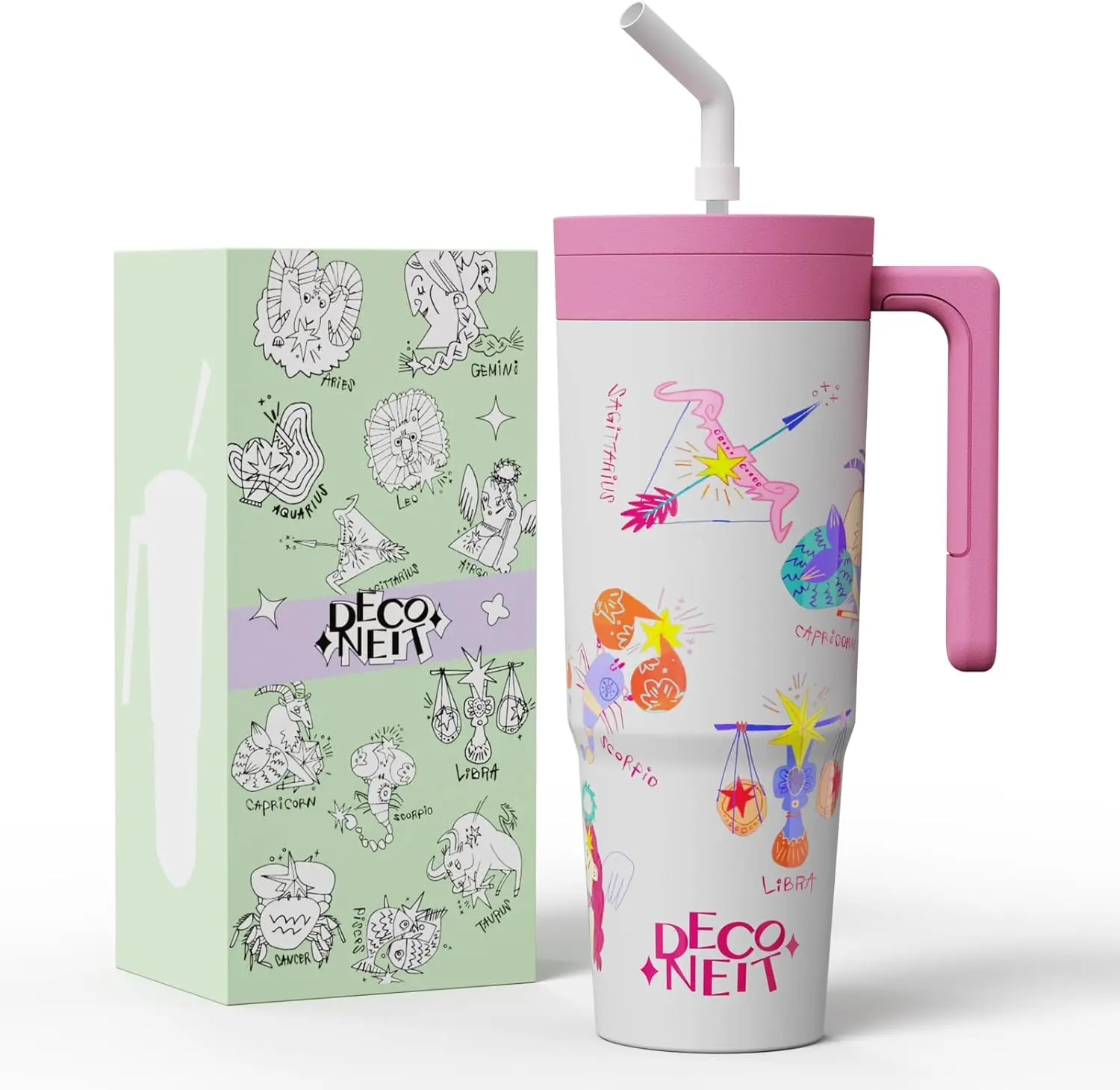 40 oz Zodiac Tumbler with Handle and Straw, Vacuum Insulated Stainless Steel Travel Mug, Leak-Resistant Lid, Astrology Gift for Women