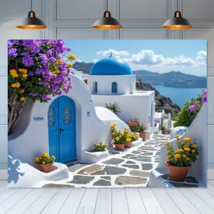 Greek Landscape Tapestry Mediterranean Backdrop Coastal Theme Wall Hanging Photography Background Scenic Decor for Living Room Bedroom Indoor Outdoor Home Decoration