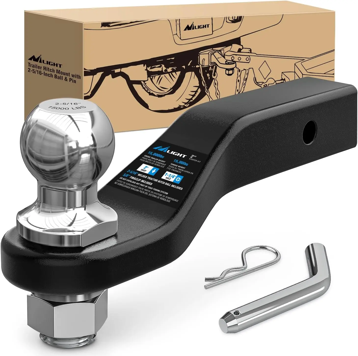 Nilight Forged Trailer Hitch Mount with 2-5/16-Inch Ball Fits 2 Inch Receiver Square 5/8" Hitch Pin Clip 15000 lbs 2" Drop, 1-1/4” Hole, Gloss Black Powder Coat, Trailer Hitch Accessories