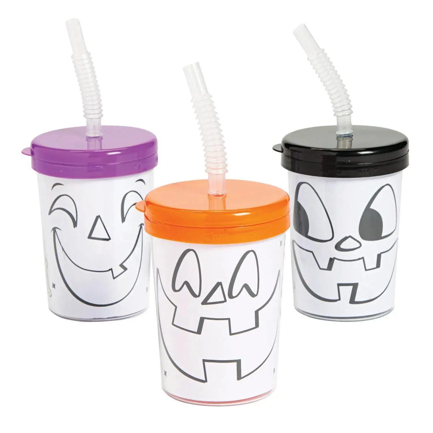 Color Your Own Halloween Jack-O’-Lantern BPA-Free Plastic Cups with Lids & Straws - 12 Counts
