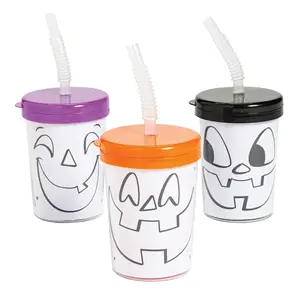 Color Your Own Halloween Jack-O’-Lantern BPA-Free Plastic Cups with Lids & Straws - 12 Counts