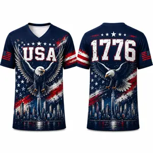 USA Patriotic V-Neck Sports Shirt for Men Women, USA Eagle 1776 City Skyline Graphic Tee, Navy Red White Blue 4th of July Athletic Top