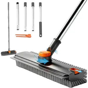 3-in-1 Long Handle Scrub Brush, 180 °   Rotatable Stiff Bristle & Silicone Squeegee, Adjustable Handle for Tile, Wall, Deck and Patio