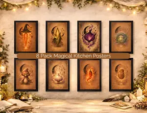 8 Pack Magical Kitchen Posters – Witchy Vegetable Wall Art Set – Enchanted Cottagecore Decor with Celestial Garlic, Onion, Mushroom & More