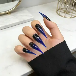 Handmade False Nails, Acrylic False Nails, Cat Claw Shape, Blue Gradient, Glossy Finish, Long Nails, Versatile Nail Art Stickers, Single Item Pack
