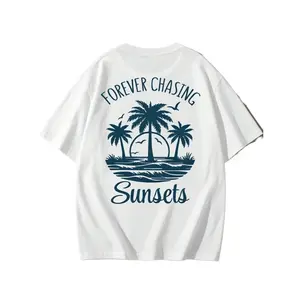 Forever Chasing Sunsets Palm Tree Graphic Short Sleeve T Shirt Beach Vacation Casual Summer Outfit