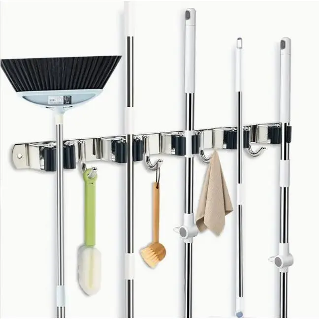 Stainless Steel Heavy-Duty Household Mop and Broom Holder - 5-Slot, 4-Hook No Drill Wall Mount Hooks & Rails, Self-Adhesive, Removable, Repositionable, Non-Slip, Rust-Resistant Organizer for Kitchen, Laundry Room