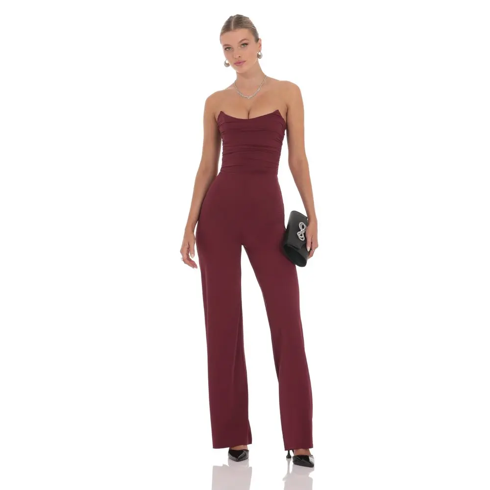 Strapless Pointed Corset Jumpsuit in Burgundy