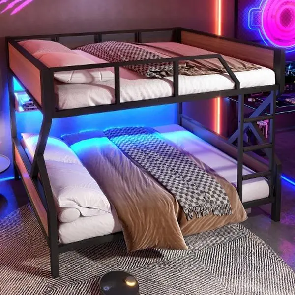 Black Full-over-Full Metal Bunk Bed with Guardrails, Storage Shelves, Soft LED Lighting, Secure Durable Silent Space-Saving Design