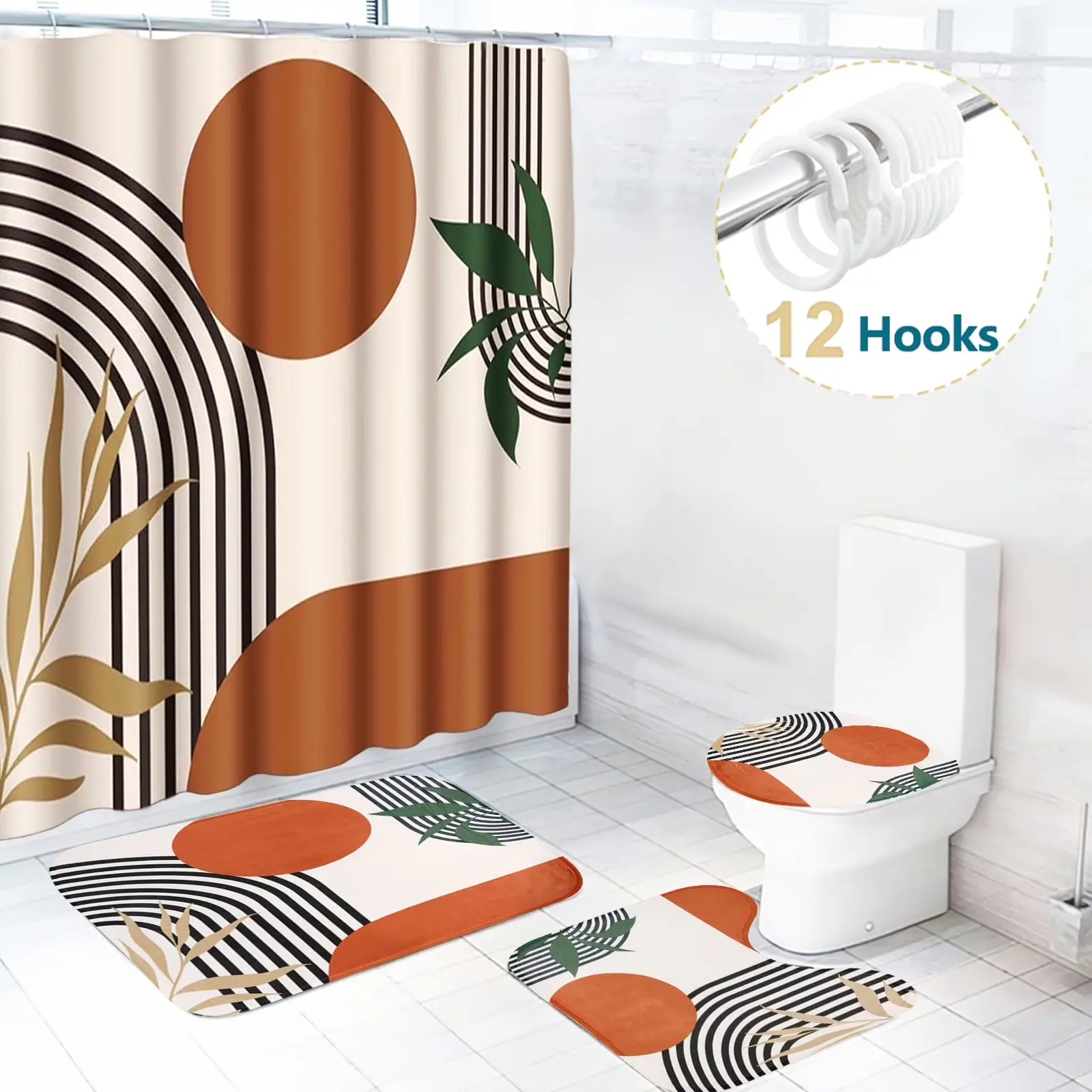 4PCS Flannel Abstract Art Shower Curtain Set - Polyester Mid-Century Minimalist Arch Sun & Floral Design, Soft on Bare Skin, Waterproof, Machine-Washable, with Toilet Seat Cover, Super Absorbent Mat, 12 Hooks, U-Type Rod Compatible Bathroom Decor, Abstrac