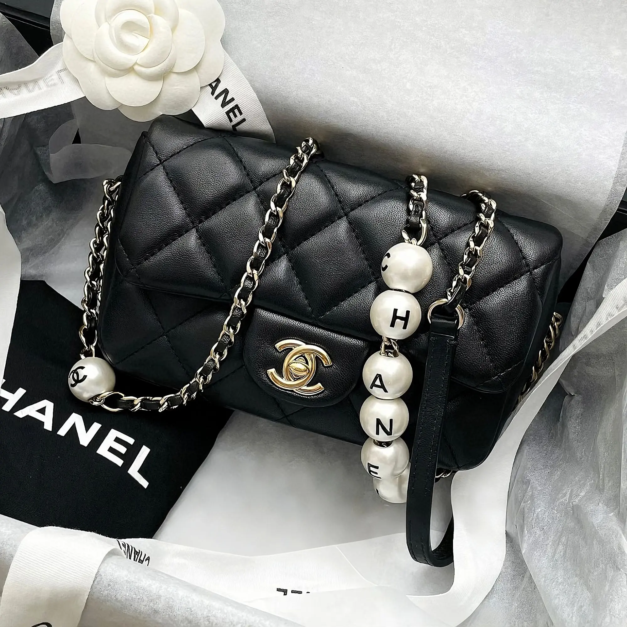 Pre-owned CHANEL CF classic flap letter pearl bead chain aged tone CC turnlock hardware 9302