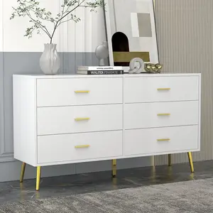 Chest of 6 Drawer Cabinet with Gold Metal Legs, Modern & Contemporary Dresser for Bedroom (54”W x 15.6”D x 30.1”H) Furniture Storage