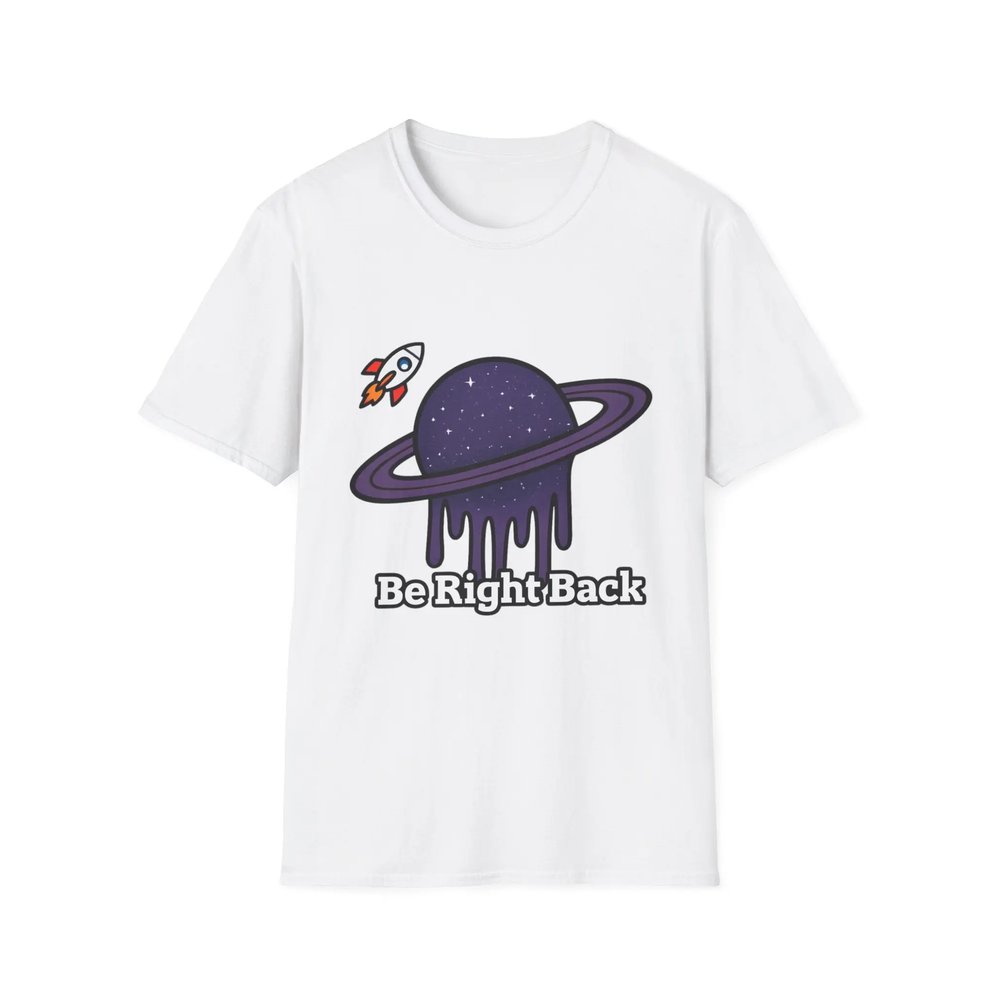 Be Right Back Planet Graphic T-Shirt — Dripping Purple Saturn & Rocket Tee