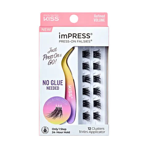 Impress Falsies Pre-Glued False Eyelashes Minipack - Refined | 12 Lash Clusters, With Mini Applicator, 10mm-12mm
