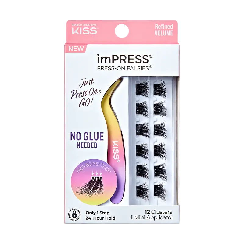 Impress Falsies Pre-Glued False Eyelashes Minipack - Refined | 12 Lash Clusters, With Mini Applicator, 10mm-12mm