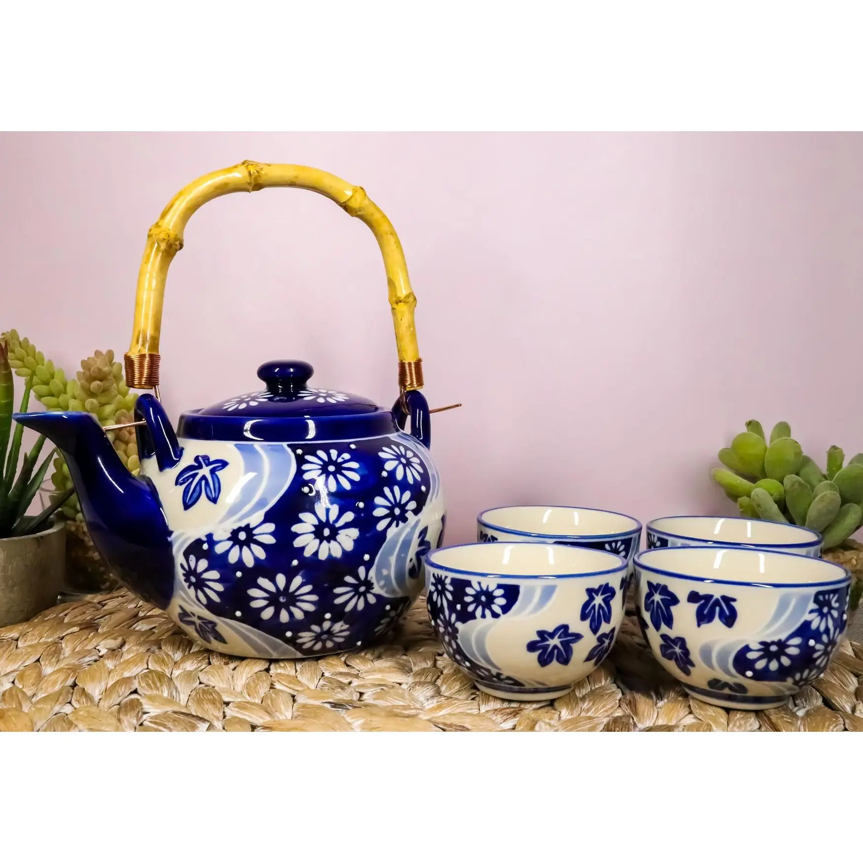 Ebros Gift Exclusive 4-Piece Food-Safe Porcelain Chrysanthemum Autumn Floral Teapot Set - 25oz Teapot With Strainer, 4 Cups, Bamboo Accents, Dishwasher Safe for Home Decor, Tea Serving, Gift for Any Occasion