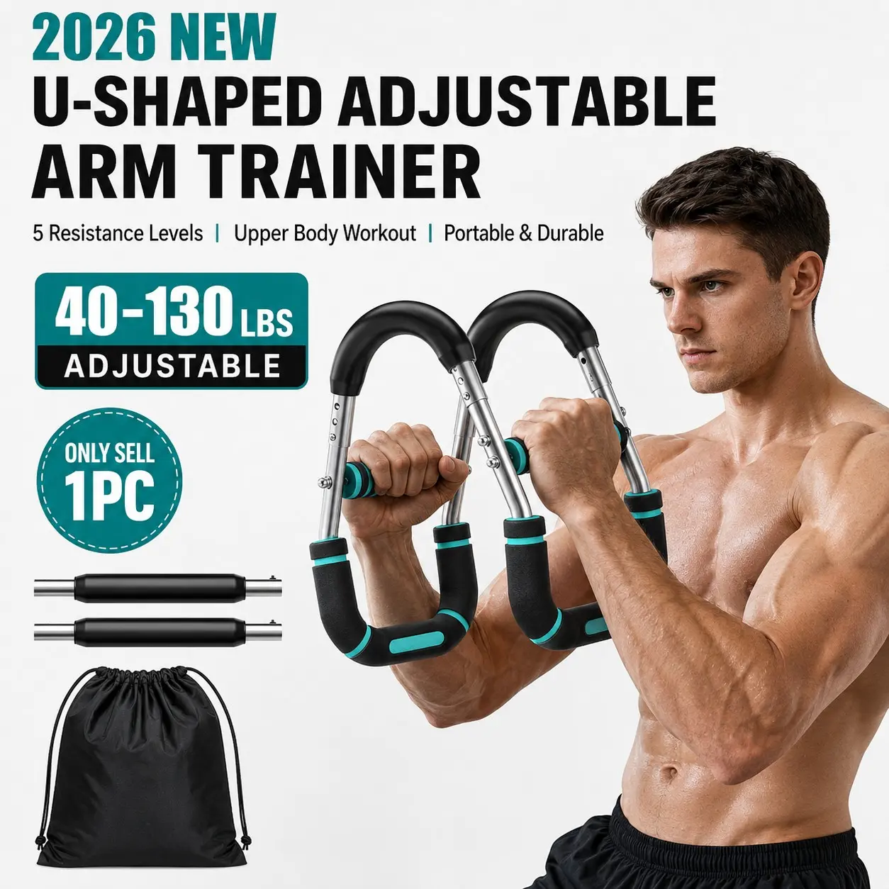 2026 U-Shaped Adjustable Arm Trainer, Strength Training Machine, 5-Level Resistance Exerciser 40-130 lbs, Portable Upper Body Workout Equipment for Arms Chest Shoulders Back, Ergonomic Foam Grip Home Gym Fitness Tool, Only 1PC