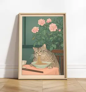 Tabby cat eating noodles, Japan art print, Japanese wall decor, Neutral minimalist poster, Aesthetic wall art Landscape Room