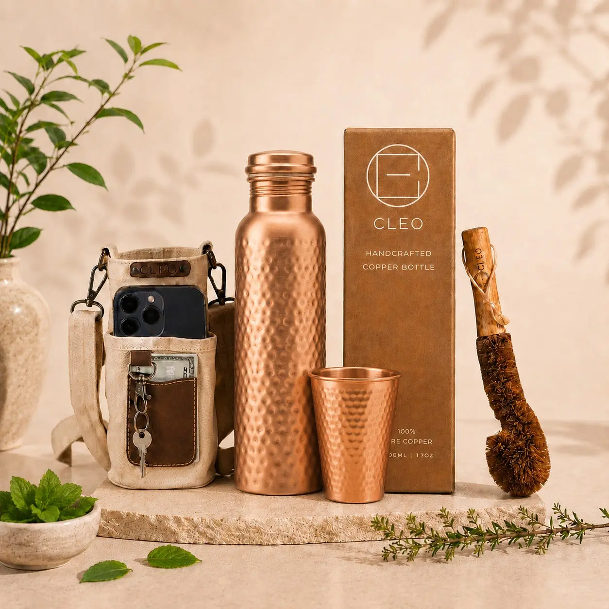 Cleo Pure Copper Ritual Set | Handcrafted Copper Bottle and Tumbler | 34 Oz