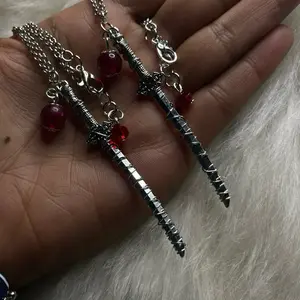 Samurai Sword Necklace with Red Beads and Detailed Metal Design for Unique Jewelry