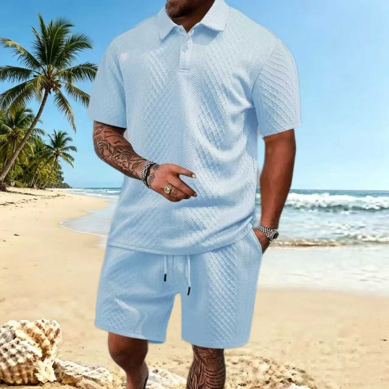 Men’s summer comfortable breathable set: solid-color polo shirt and drawstring shorts set; comfortable breathable two-piece set suitable for everyday outdoor wear; men’s summer clothing. Tropical Blue Set