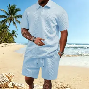 Men’s summer comfortable breathable set: solid-color polo shirt and drawstring shorts set; comfortable breathable two-piece set suitable for everyday outdoor wear; men’s summer clothing.