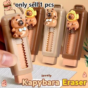 Capybara Eraser with Retractable Push-Pop Design, Multifunctional Stationery, Cute Animal Theme Durable Polyester Eraser for School, Office & Art Supplies (Multiple Colors)