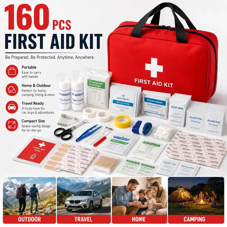 160 Pcs First Aid Kit, Compact & Portable Emergency Kit with Water-Resistant Carry Bag, Essential Supplies for Home, Car, Office, Travel, Camping, Hiking & Outdoor Use